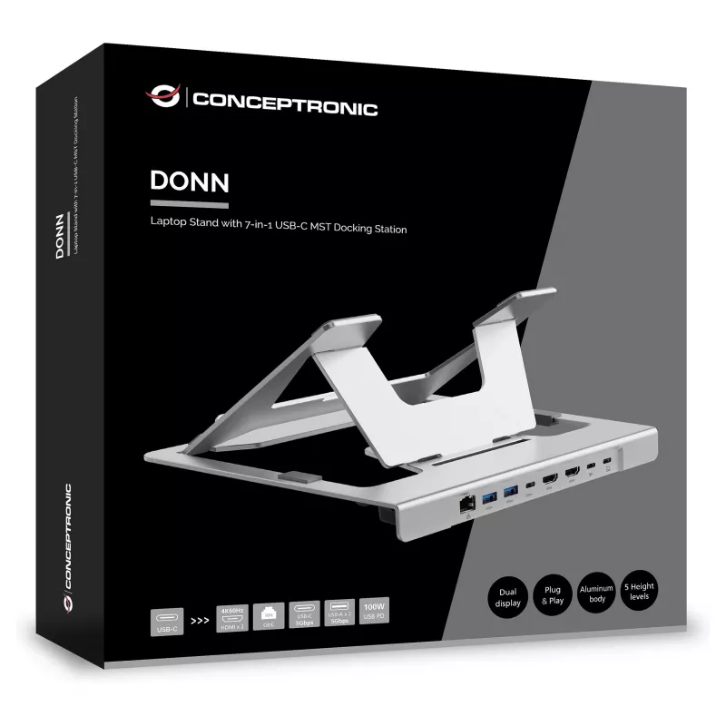 Conceptronic DONN35S Laptop Stand su 7-in-1 USB-C dokavimo stotele, Dual HDMI 4K60Hz, GbE, USB-C 5Gbps, 2x USB-A, 100W PD, sidabrinis