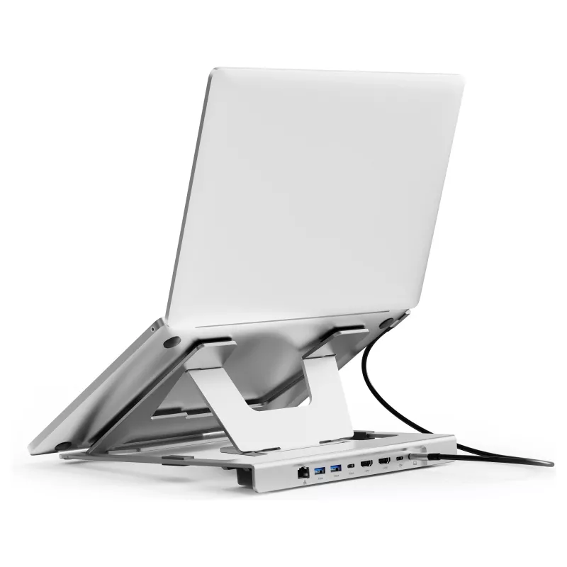 Conceptronic DONN35S Laptop Stand su 7-in-1 USB-C dokavimo stotele, Dual HDMI 4K60Hz, GbE, USB-C 5Gbps, 2x USB-A, 100W PD, sidabrinis