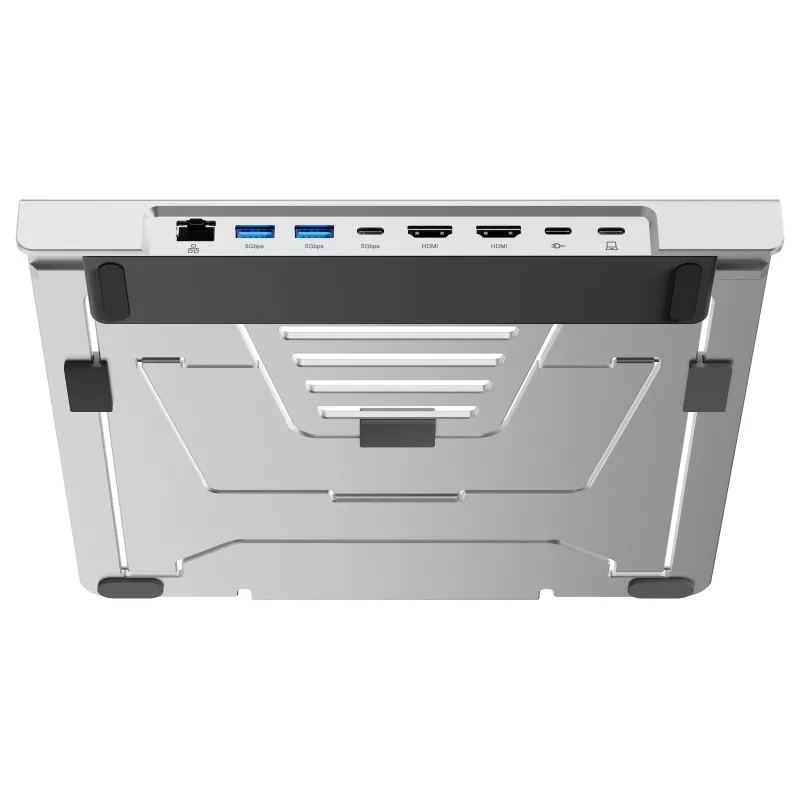 Conceptronic DONN35S Laptop Stand su 7-in-1 USB-C dokavimo stotele, Dual HDMI 4K60Hz, GbE, USB-C 5Gbps, 2x USB-A, 100W PD, sidabrinis