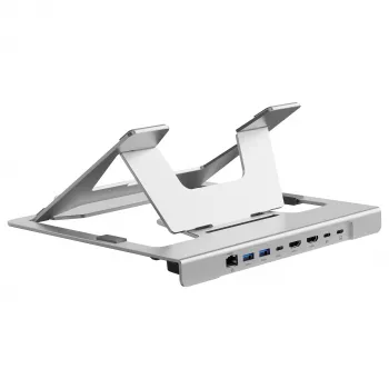 Conceptronic DONN35S Laptop Stand su 7-in-1 USB-C dokavimo stotele, Dual HDMI 4K60Hz, GbE, USB-C 5Gbps, 2x USB-A, 100W PD, sidabrinis