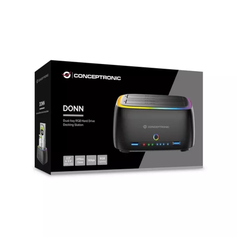 Conceptronic DONN36B 2 lizdų SATA HDD/SSD prijungimo stotelė, USB 3.0, 2x USB-A, Black