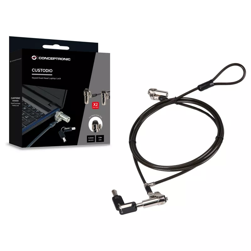 Conceptronic NBT Nano-Lock Dual nešiojamojo kompiuterio kombinacinis spynelis, 4 skaitmenų, 1,8 m plieninis trosas, juoda/sidabrinė