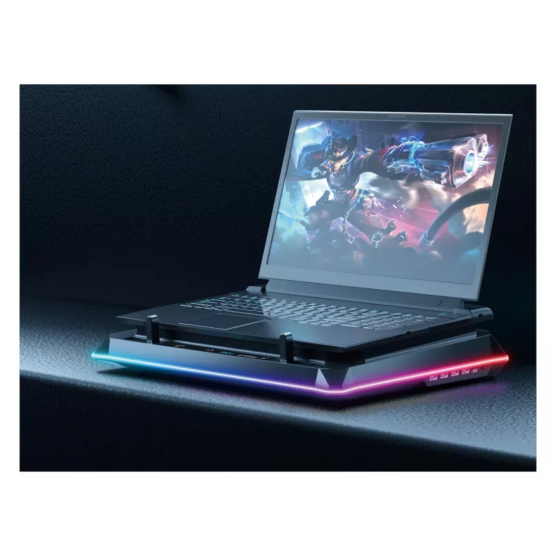 Conceptronic THYIA04B USB-C nešiojamojo kompiuterio aušinimo padėklas su telefono laikikliu, 130mm, dvigubi 125mm ventiliatoriai, mėlynas LED, iki 17 inch