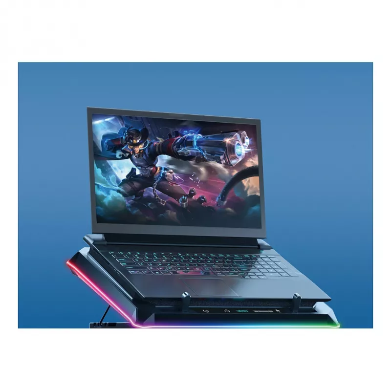 Conceptronic THYIA04B USB-C nešiojamojo kompiuterio aušinimo padėklas su telefono laikikliu, 130mm, dvigubi 125mm ventiliatoriai, mėlynas LED, iki 17 inch
