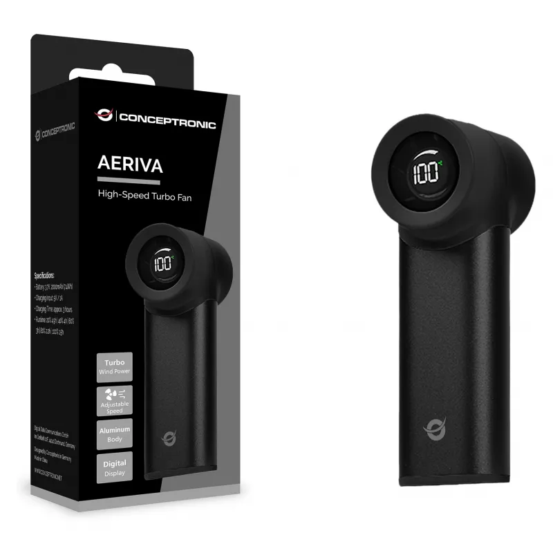 CONCEPTRONIC Turbo nešiojamas ventiliatorius juodas USB-C į USB-A aliuminio 5V 3 greičių įkraunamas 2000mAh