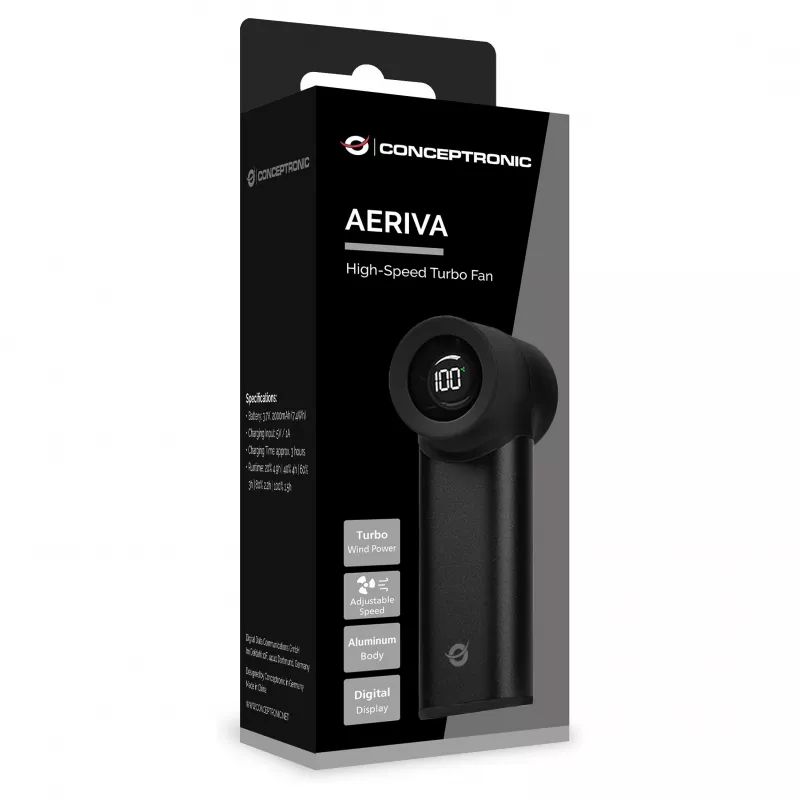 CONCEPTRONIC Turbo nešiojamas ventiliatorius juodas USB-C į USB-A aliuminio 5V 3 greičių įkraunamas 2000mAh