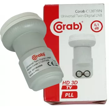 CORAB C120TWN Twin LNB keitiklis – 2 išėjimai, 40 mm feedhorn, mažas triukšmas 0,1 dB, atsparus orams F tipo