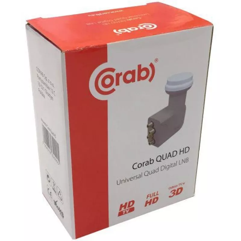 CORAB Universal Quad LNB – 4 išėjimai, 0,1 dB triukšmo rodiklis, 40 mm švitintuvas