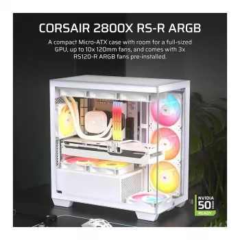 CORSAIR 2800X RS-R ARGB Micro-ATX dviejų kamerų kubo korpusas, baltas, su panoraminiu grūdintu stiklu ir 2x LL120 RGB ventiliatoriais