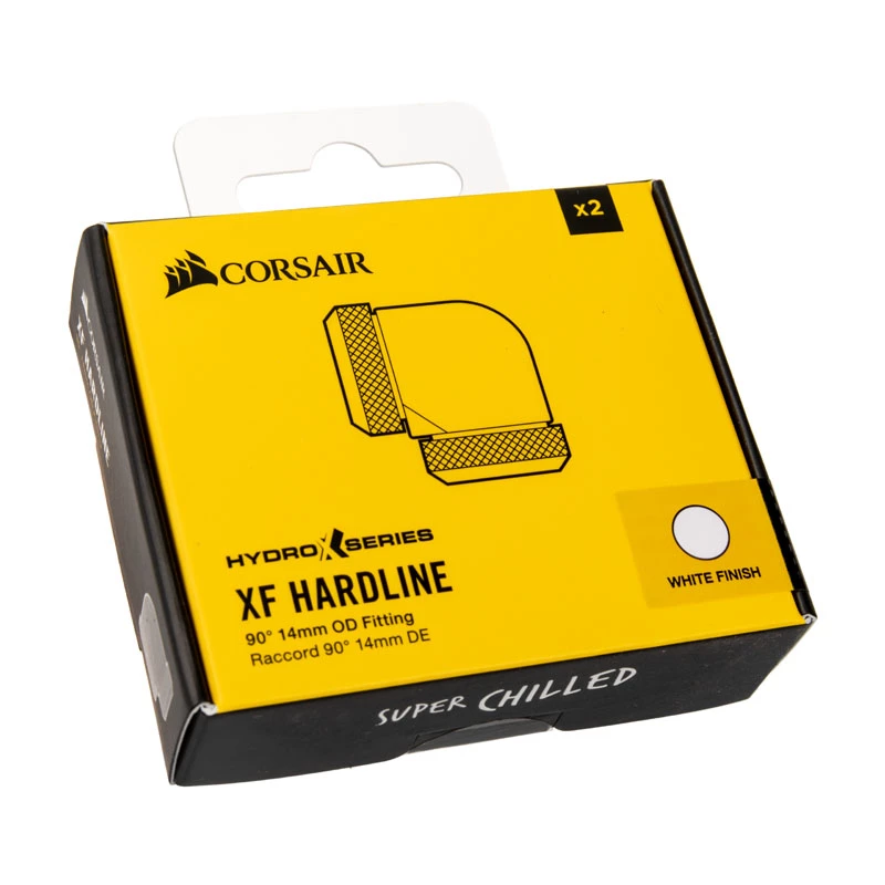 Corsair Hydro X Series XF Hardline 90° 14mm OD – Kampinis montavimo adapteris skysčio aušinimo sistemai – Baltas (2 vnt. pakuotė)