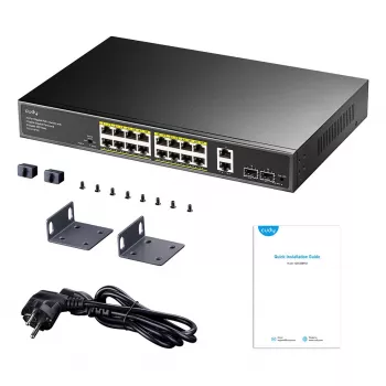 Cudy GS1018PS2 16 prievadų Gigabit PoE+ jungiklis su 2 aukštynkrypčiais prievadais ir 2 SFP lizdais 200W