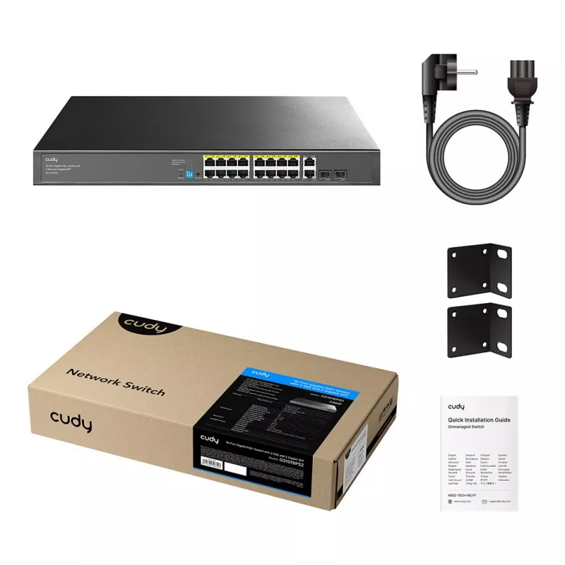 Cudy GS1018PS2 16 prievadų Gigabit PoE+ jungiklis su 2 aukštynkrypčiais prievadais ir 2 SFP lizdais 200W