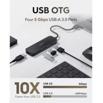 Cudy UH40A PortMate USB-A į 4 prievadų USB 3.0 šakotuvas 5Gbps Tik duomenys Plastikinis Kompaktiškas Juodas