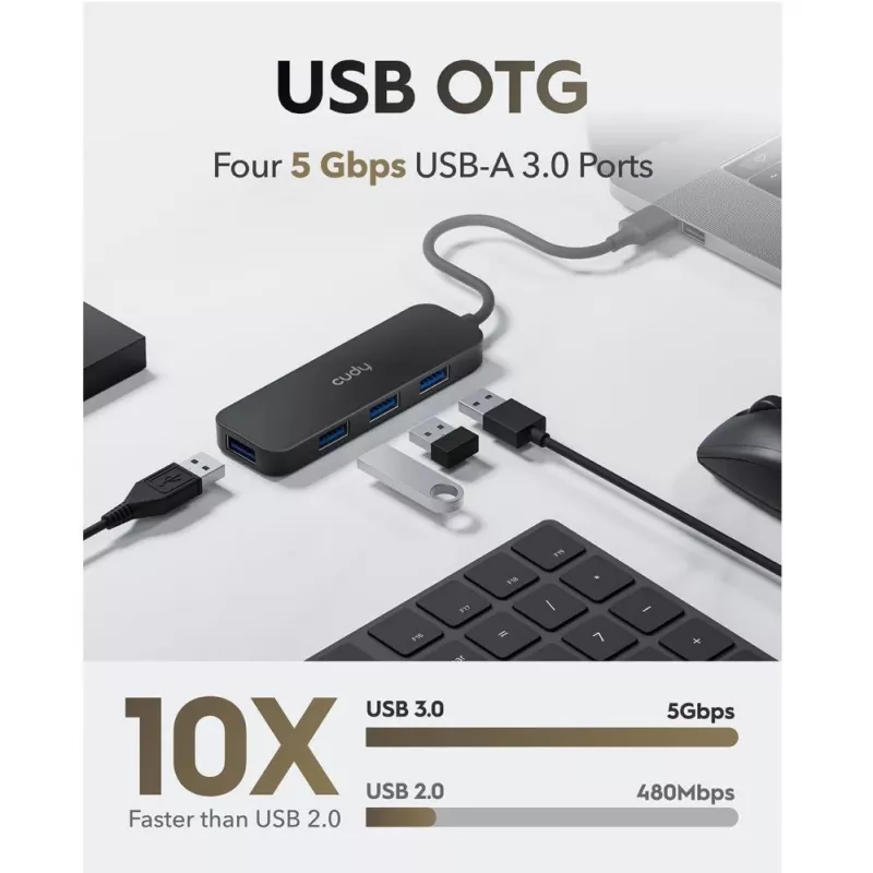Cudy UH40A PortMate USB-A į 4 prievadų USB 3.0 šakotuvas 5Gbps Tik duomenys Plastikinis Kompaktiškas Juodas