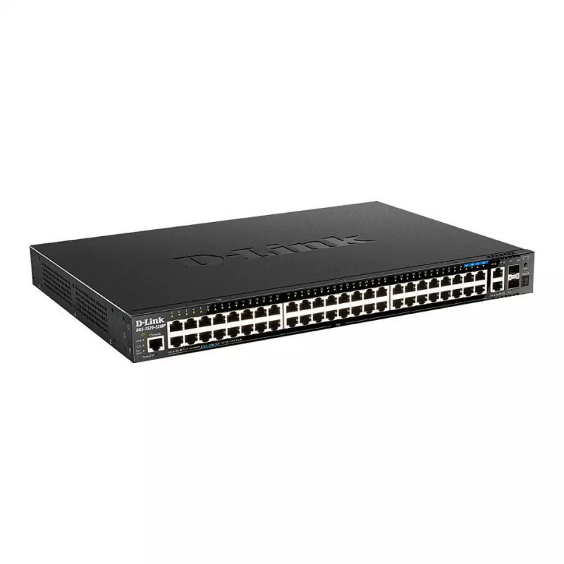 D-Link DGS-1520-52MP 52 prievadų Gigabit PoE+ valdomas jungiklis su 4 SFP+ 10G aukštutinėmis jungtimis, montuojamas į stelažą