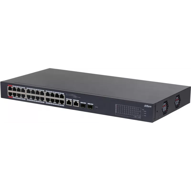 DAHUA CS4226-24ET-375 26 prievadų 2 lygio+ valdomas PoE+ komutatorius su 24 Gigabit PoE+ prievadais, 2 SFP jungtimis, 375W biudžetu, be ventiliatoriaus, montuojamas į stelažą