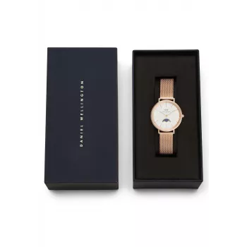 DANIEL WELLINGTON Petite Lumine 32mm sidabrinis laikrodis su perlų motinos ciferblatu ir sidabriniu tinklelio dirželiu DW00100773