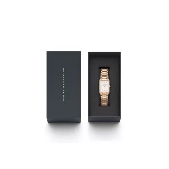 DANIEL WELLINGTON Quadro moteriškas laikrodis 32mm rožinio aukso nerūdijantis plienas juoda oda