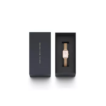 DANIEL WELLINGTON Quadro Moteriškas Laikrodis DW00100669 - 20mm Rožinio Aukso Korpusas, Juodas Odinis Dirželis
