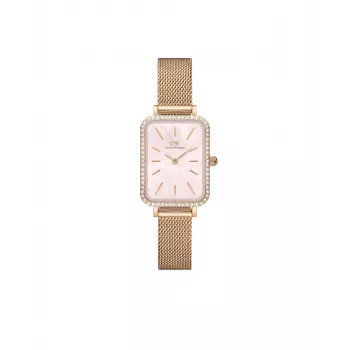 DANIEL WELLINGTON Quadro Moteriškas Laikrodis DW00100669 - 20mm Rožinio Aukso Korpusas, Juodas Odinis Dirželis