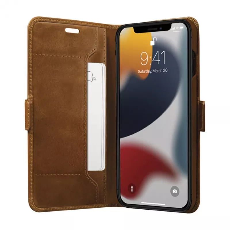 DBRAMANTE 1928 Copenhagen Slim Flip Case, skirta Apple iPhone 13 Pro Max, iš pilno grūdo odos, šviesiai ruda, magnetinis užsegimas, 3 kortelių lizdai, stovo funkcija, belaidžio įkrovimo palaikymas