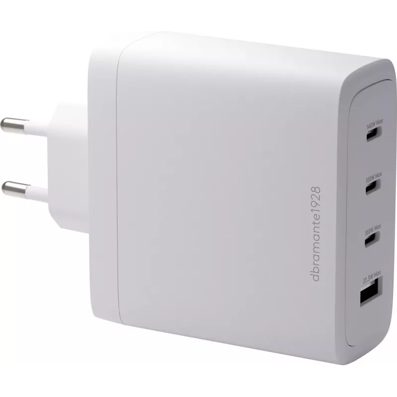 DBRAMANTE1928 Re-Charge GaN sieninis įkroviklis 140W – 4 išvesties prievadai (3x USB-C, 1x USB-A) – baltas