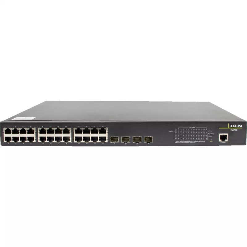 DCN S4200-28P-PL-SI-R2 valdomas 2 sluoksnio PoE+ jungiklis, 24x Gigabit PoE+ prievadai, 4x SFP, 200W