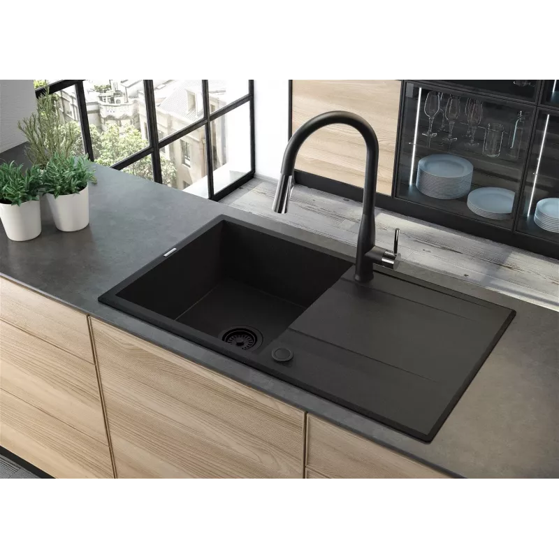 DEANTE 1-Bowl Granite Sink with Drainer - Onyx Black, 620x500mm
