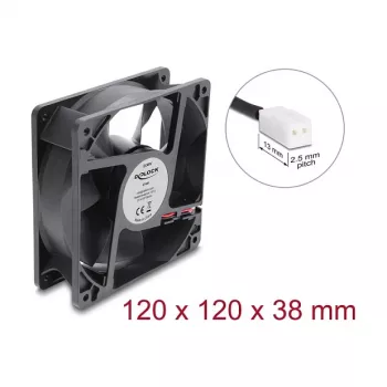 Delock ašinis ventiliatorius 48 V DC, 120 x 120 x 38 mm su 2 kontaktų ventiliatoriaus jungtimi, juodos spalvos