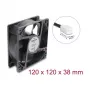 Delock ašinis ventiliatorius 48 V DC, 120 x 120 x 38 mm su 2 kontaktų ventiliatoriaus jungtimi, juodos spalvos