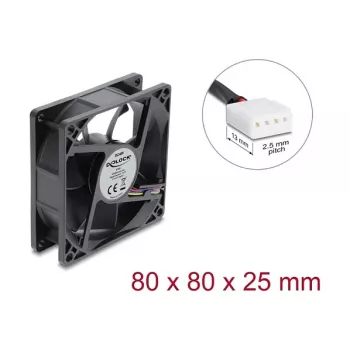 Delock ašinis ventiliatorius 48 V DC, 80 x 80 x 25 mm su 4 kontaktų PWM jungtimi, juodas