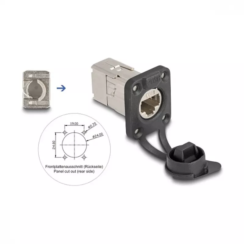 Delock D tipo RJ45 skydelio montavimo lizdas Cat.6A STP su LSA prijungimu ir IP66 apsauginiu dangteliu
