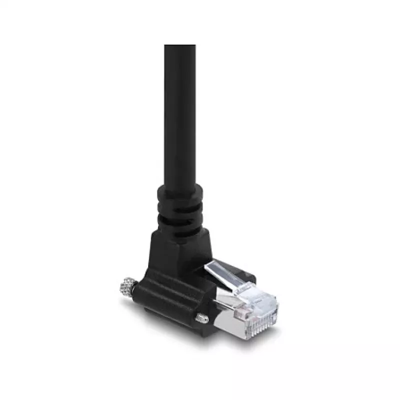 Delock GigE kameros kabelis Cat.6 S/FTP 3m, RJ45 90° kampinis kištukas su varžtais (28mm) į RJ45 tiesų kištuką, juodas