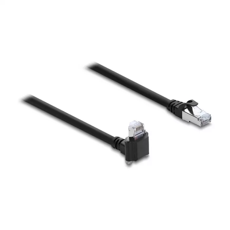 Delock GigE kameros kabelis Cat.6 S/FTP 3m, RJ45 90° kampinis kištukas su varžtais (28mm) į RJ45 tiesų kištuką, juodas