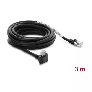 Delock GigE kameros kabelis Cat.6 S/FTP 3m, RJ45 90° kampinis kištukas su varžtais (28mm) į RJ45 tiesų kištuką, juodas