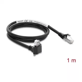 Delock GigE kameros kabelis RJ45 kištukas 90° kampu su varžtais, 28 mm jungties ilgis į RJ45 kištuką Cat.6 S/FTP 1 m juodas