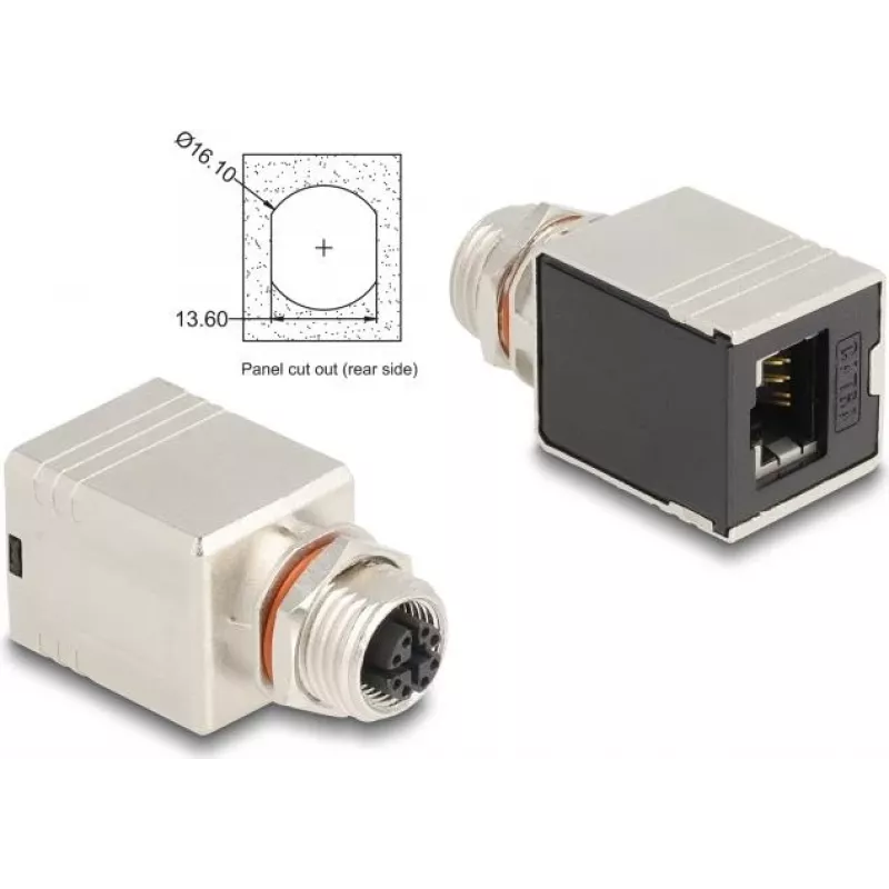 Delock M12 adapteris X-koduotas 8 kontaktų moteriškas į RJ45 moterišką Cat.6A STP ekranuotas tiesus