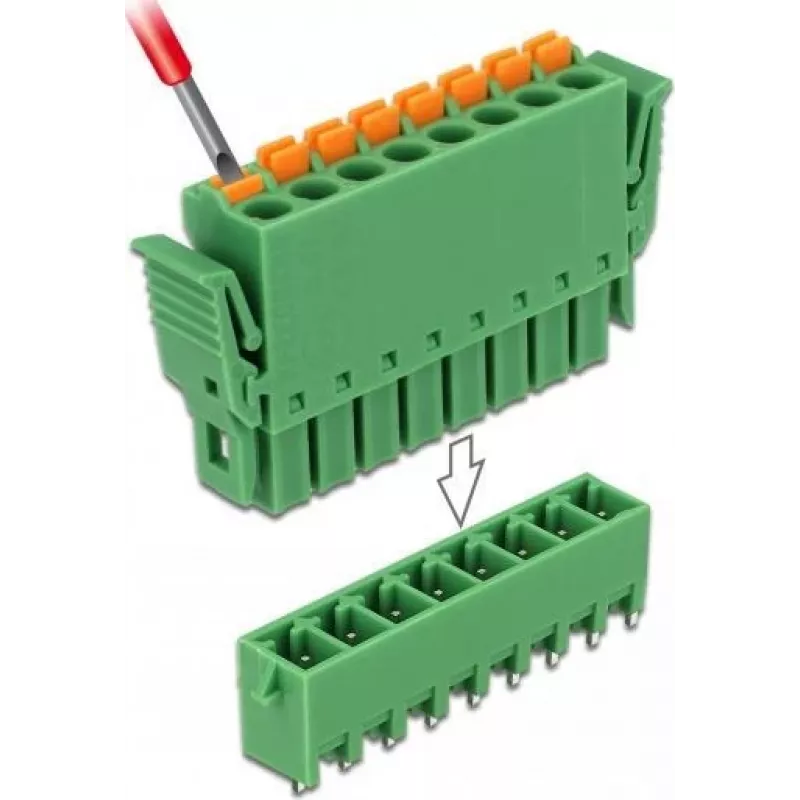 Delock PCB gnybtų blokų rinkinys 8 kontaktų 3,81 mm žingsnis vertikalus žalias (10 vienetų) 65974