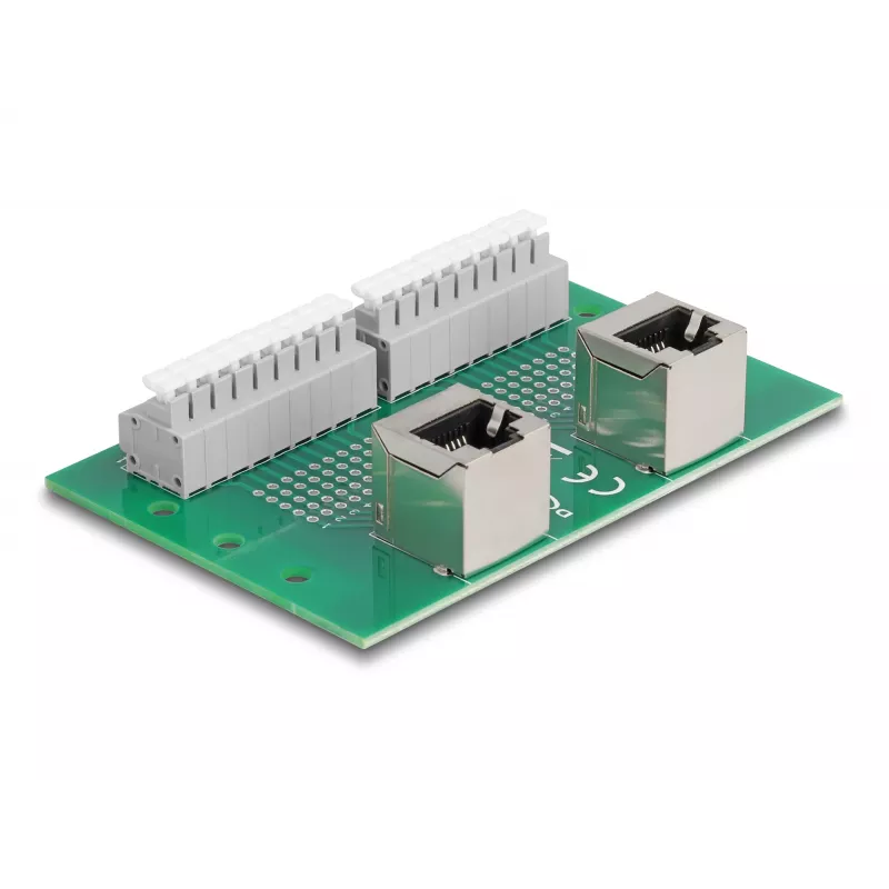 Delock RJ45 2 x moteriški į 2 x gnybtų blokas su mygtuku DIN bėgiui kampuotas (66995)