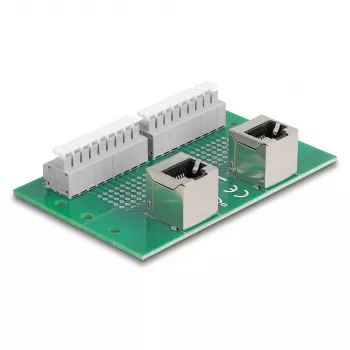 Delock RJ45 2 x moteriški į 2 x gnybtų blokas su mygtuku DIN bėgiui kampuotas (66995)