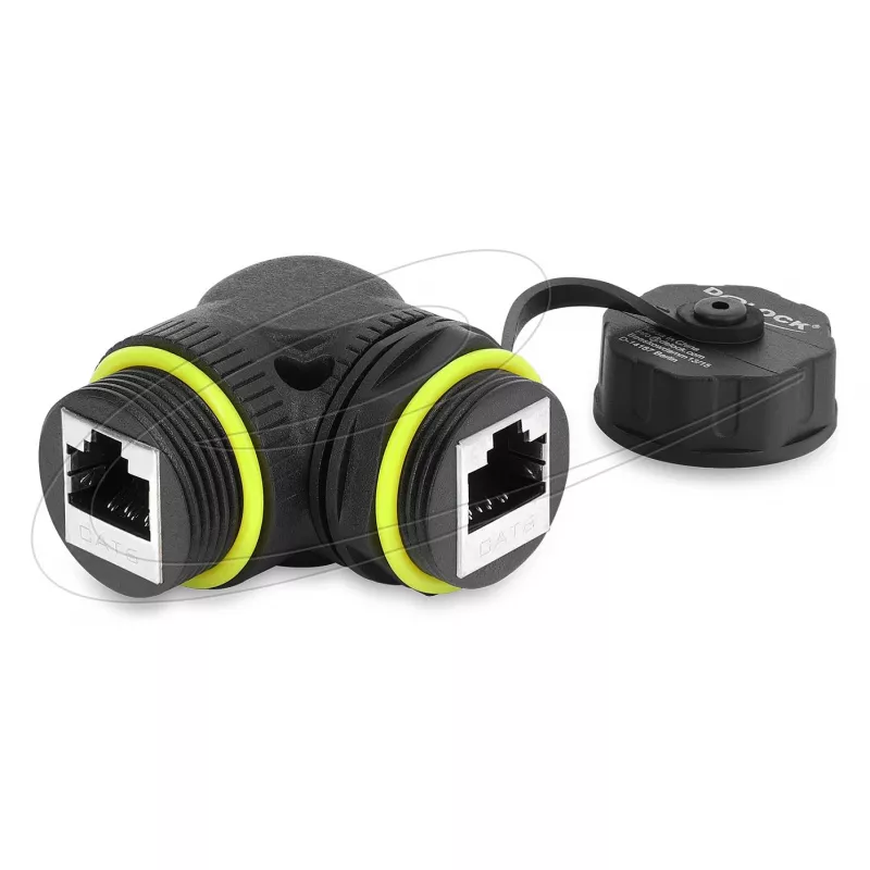 Delock RJ45 Movėjas Cat.6 Moteris į Moterį su M23 x 1.5 mm sriegiu ir apsauginiu dangteliu, 90° kampu, IP68, juodos spalvos