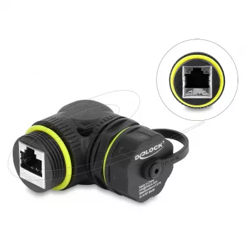 Delock RJ45 Movėjas Cat.6 Moteris į Moterį su M23 x 1.5 mm sriegiu ir apsauginiu dangteliu, 90° kampu, IP68, juodos spalvos