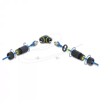 Delock RJ45 moterų į RJ45 moterų Cat.6 mova su M23 x 1,5 mm sriegiu, 90° kampu, IP68 dulkėms ir vandeniui atspari, juoda