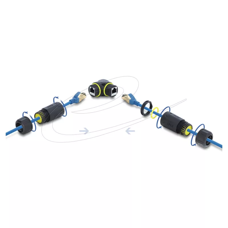 Delock RJ45 moterų į RJ45 moterų Cat.6 mova su M23 x 1,5 mm sriegiu, 90° kampu, IP68 dulkėms ir vandeniui atspari, juoda