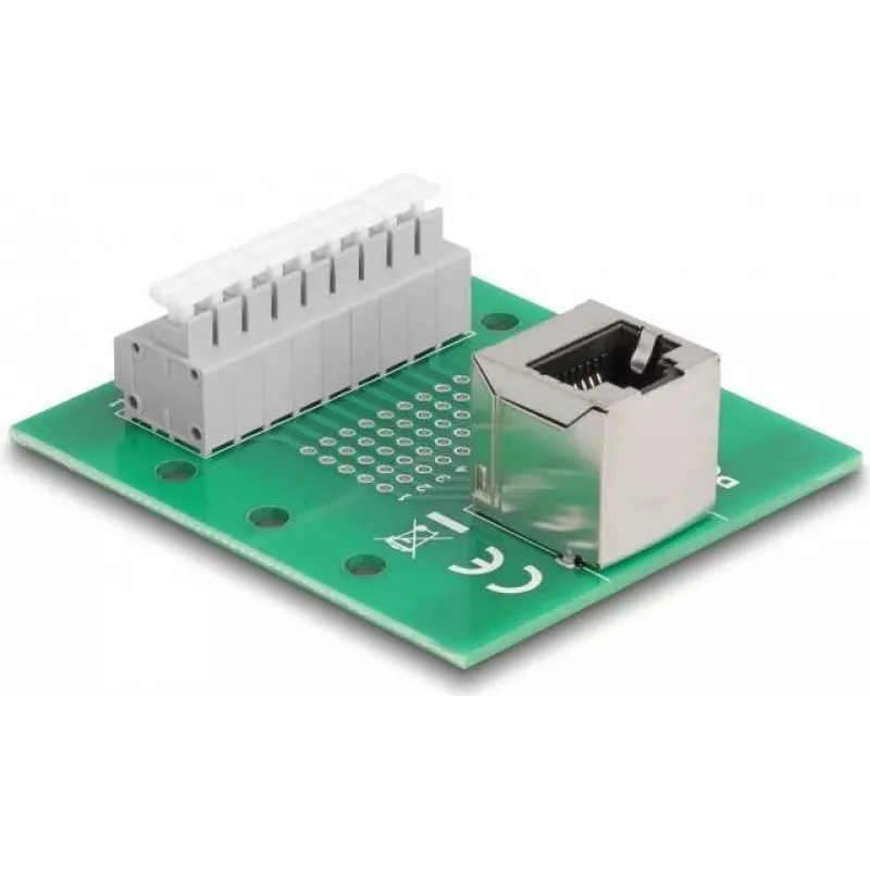 Delock RJ45 lizdas į gnybtų bloką su mygtuku DIN bėgiui kampuotas (66993)