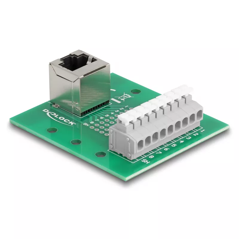 Delock RJ45 lizdas į gnybtų bloką su mygtuku DIN bėgiui kampuotas (66993)
