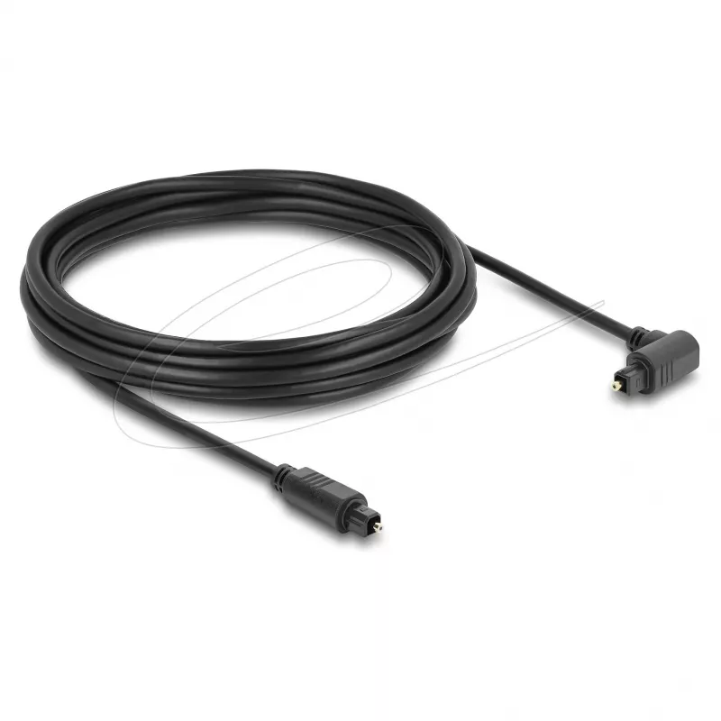 Delock TOSLINK optinis garso kabelis 5m, 90° kampu lenktas į tiesų jungtį, 4mm, juodas