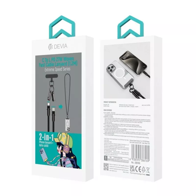 Devia 2-in-1 USB-C į Lightning kabelis su dirželiu 1,2 m 27 W juodas