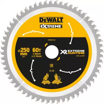 DEWALT DT99573 Diskinis pjūklo diskas 250 mm 60 dantys TCT smulkiam pjovimui medienai, fanerai, MDF, medžio drožlių plokštėms