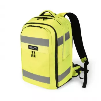 DICOTA Kuprinė HI-VIS 32-38 litrų, juoda su neon geltonais akcentais, perdirbtas PET, atspari vandeniui, 15,6 inch skyrius nešiojamam kompiuteriui